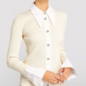 GANNI Embellished-Button Ribbed Knit Sweater in Cream size S